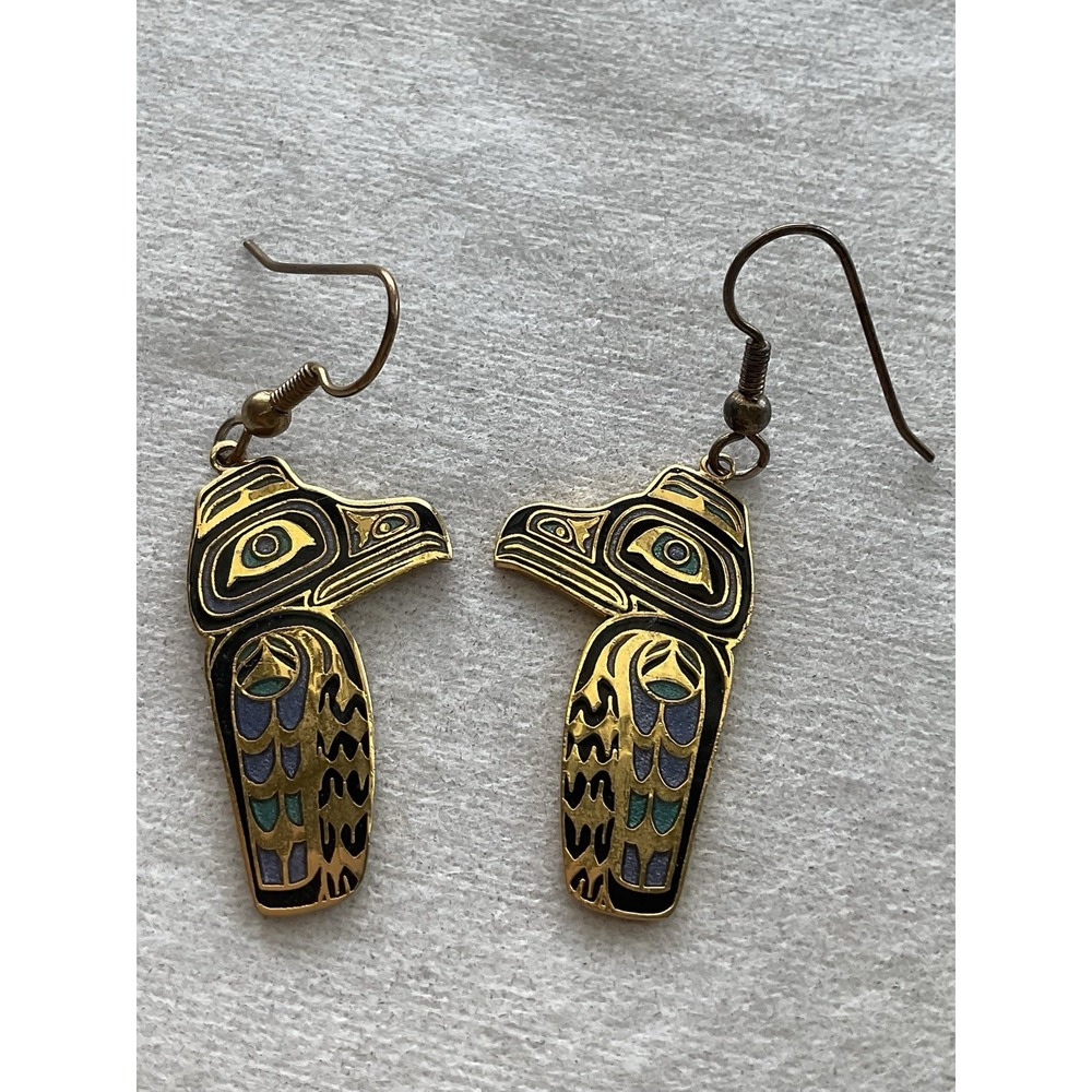 Vintage Gold Tone Raven Bird Enamel Dangle Earrings Estate Jewelry